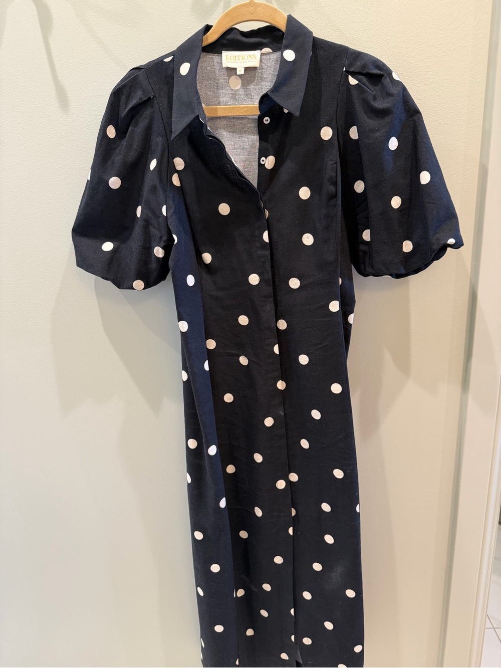 Sezane black and White Polka Dot Midi Dress with Puff Sleeves